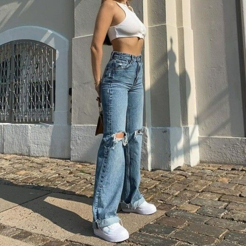 Zara Ripped High Rise Full Length Jeans US 4 - Blue Distressed